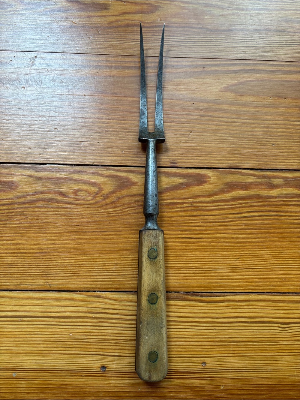Vintage Lamson Two-Tine Carving Fork W/Wood Handle - Brown/Metal 14 Inches Long